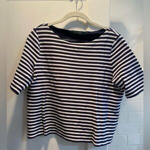 Lauren- Short Sleeve Ponte Knit Top with Gold Button Detail, Navy/White, Size XL